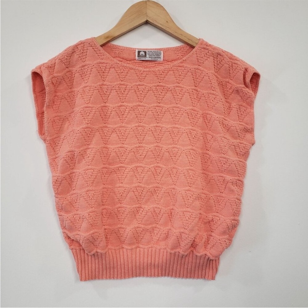 Vintage 70s Peach Cotton Knit Sleeveless Sweater USA Cottagecore Preppy Retro